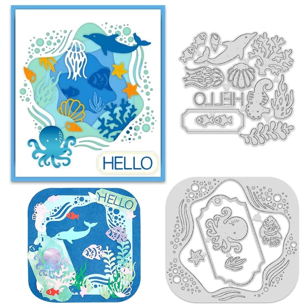 INFUNLY Rectangle Frame Cutting Dies Set 12Pcs | Layered Stencils for Card Making & Scrapbooking — Ocean Theme