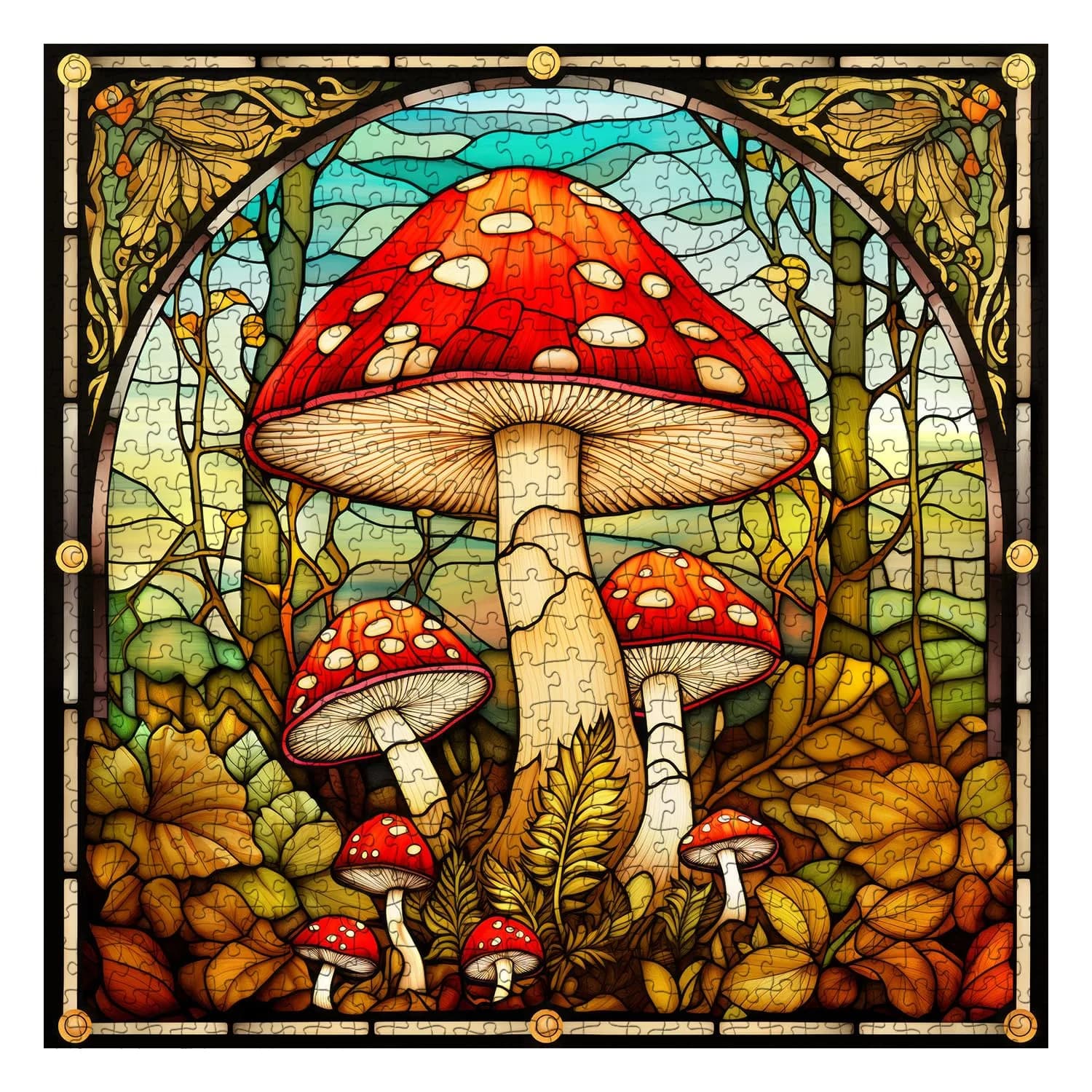 PPuzzling Vintage Mushroom Puzzle 1000 Pieces | Challenging Retro Stained Glass Art (23.85in x 23.85in) — Stained Glass Mushroom Forest Landscape