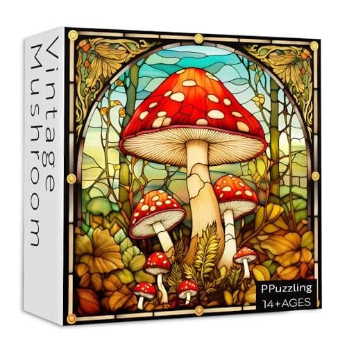 PPuzzling Vintage Mushroom Puzzle 1000 Pieces | Challenging Retro Stained Glass Art (23.85in x 23.85in) thumbnail 2