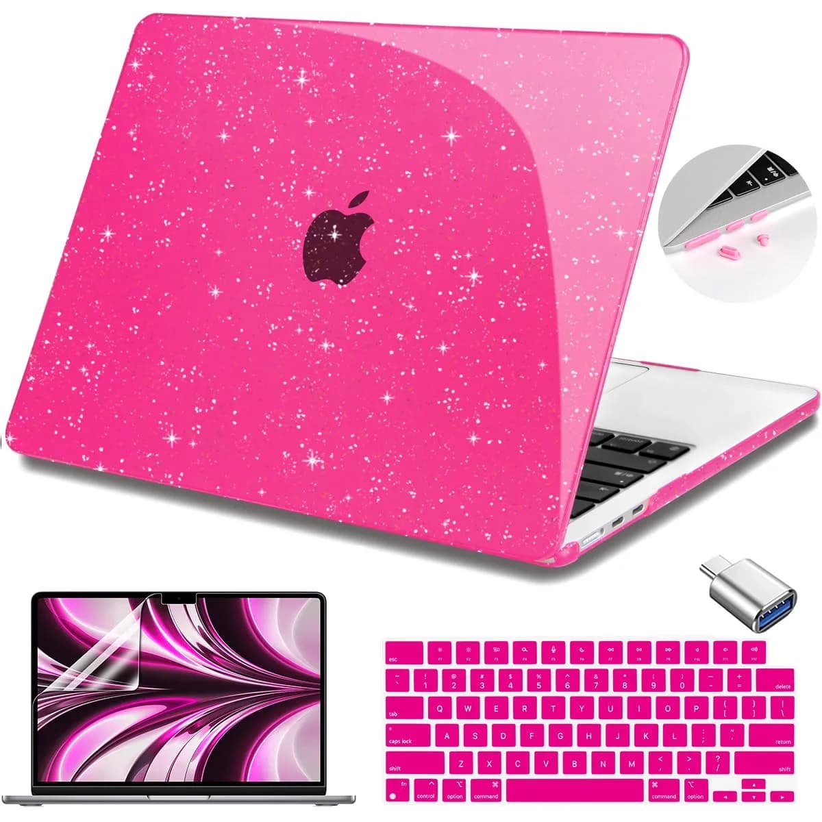 Teryeefi Glitter Hard Case for MacBook Air 13.6 inch M2/M3/M4/M5 Chip (2022-2026) with Keyboard Cover & Screen Protector | Sparkly Rose Pink - main product image