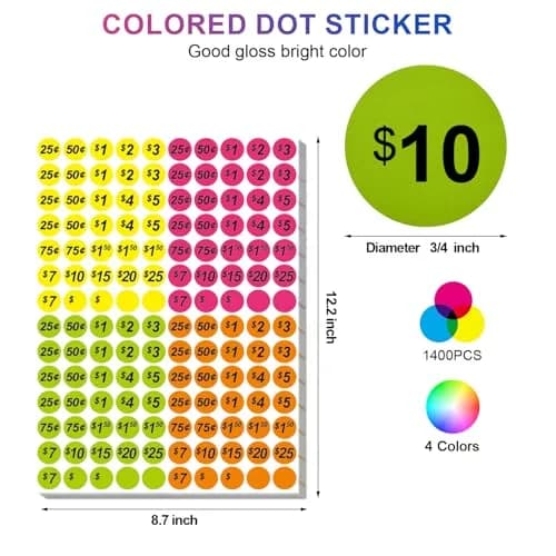 Darfukei 1400 PCS Round Price Stickers 3/4 Inch | 4 Colours for Sales & Retail thumbnail 2