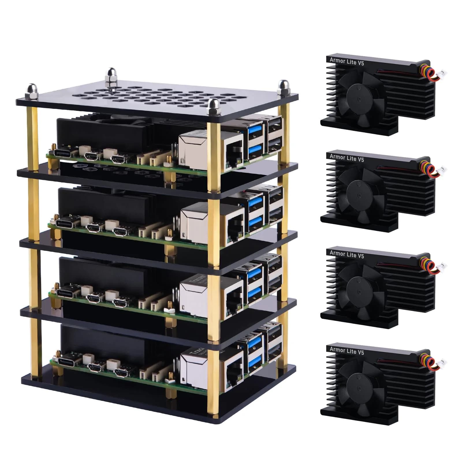 GeeekPi 4 Layers Cluster Case for Raspberry Pi 5 | Stackable Case with 4PCS Armor Lite V5 Active Cooler (8GB/4GB) - main product image