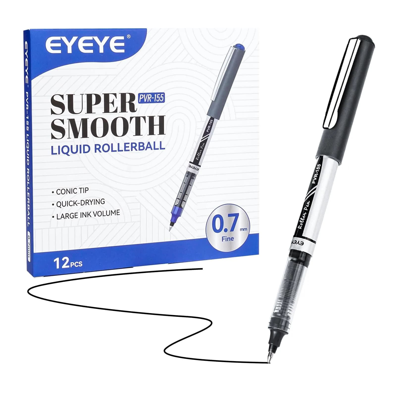 EYEYE Black Rollerball Pens Pack of 12 | 0.7mm Fine Point, Quick Dry, Liquid Ink