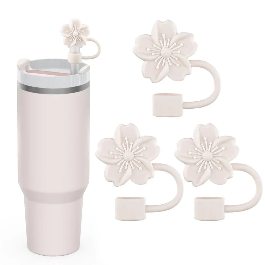 Oiurydntw Flower Straw Covers for Stanley Cup Tumblers, 3Pcs Silicone Straw Tips Lids, Beige | Leak-Proof & Dust-Free - main product image