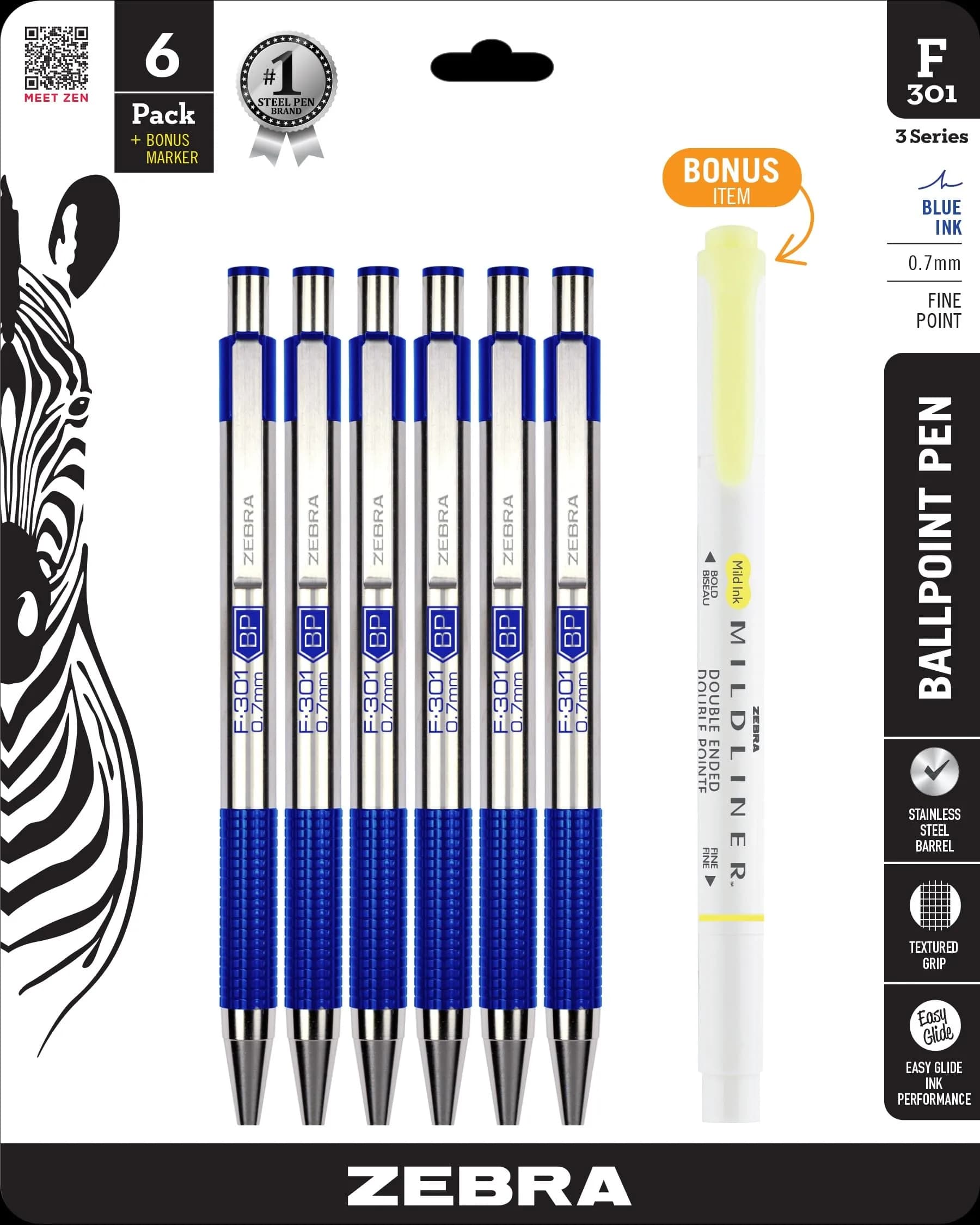 Zebra Pen F-301 Signature Series Retractable Ballpoint Pen, 0.7mm, Black Ink, Sage Earth Tone Accents with Blue C Barrel, 4-Pack