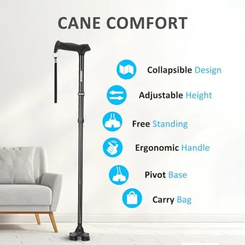rehand Walking Cane for Men & Women - Foldable, Adjustable, Lightweight, Self Standing Pivot Cane, Soft Handle Grip, with Travel Bag (Black) thumbnail 2