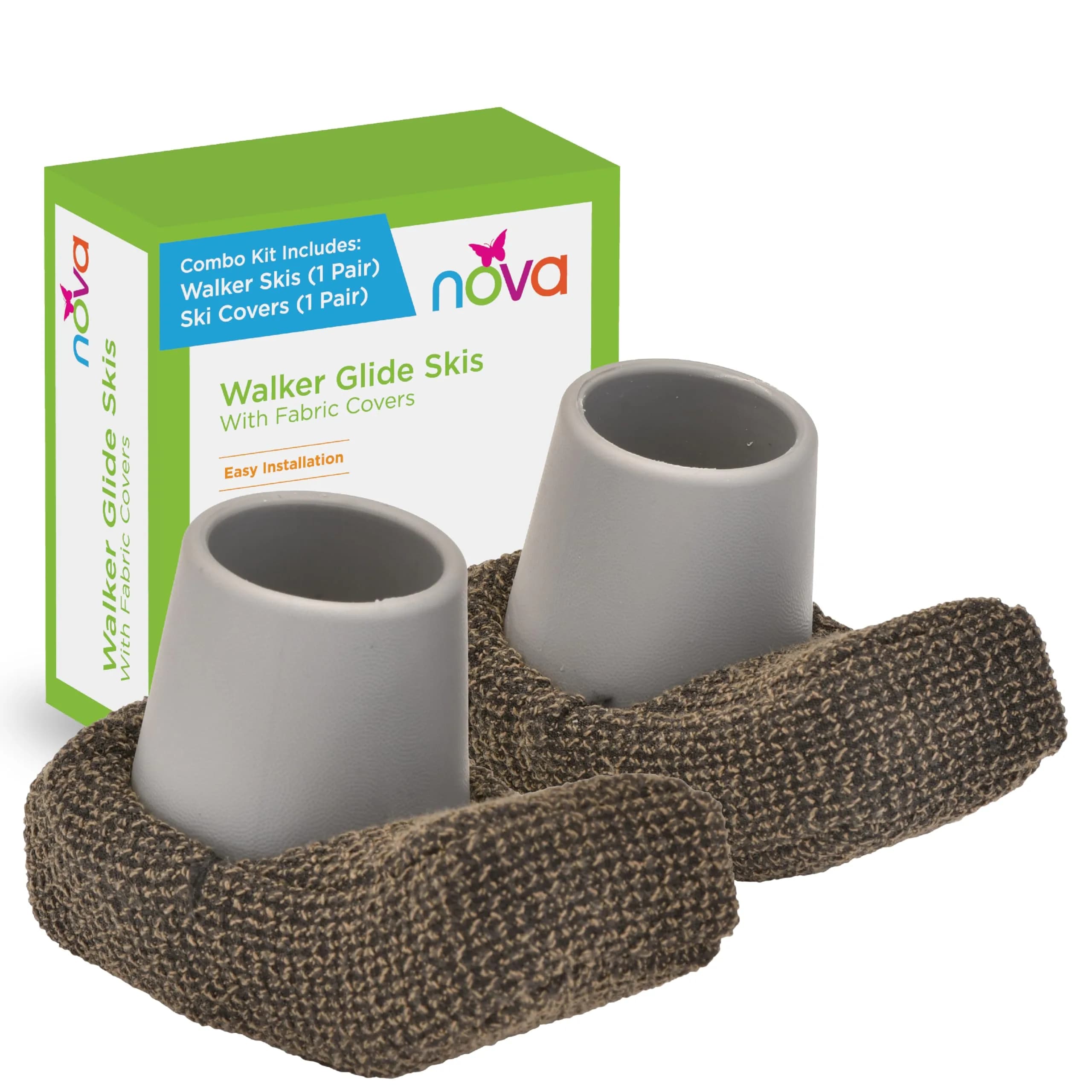 NOVA Walker Ski Glides with Fabric Covers, Universal for Folding Walkers, Grey | 2.5 cm (1 inch) Tubing Fit