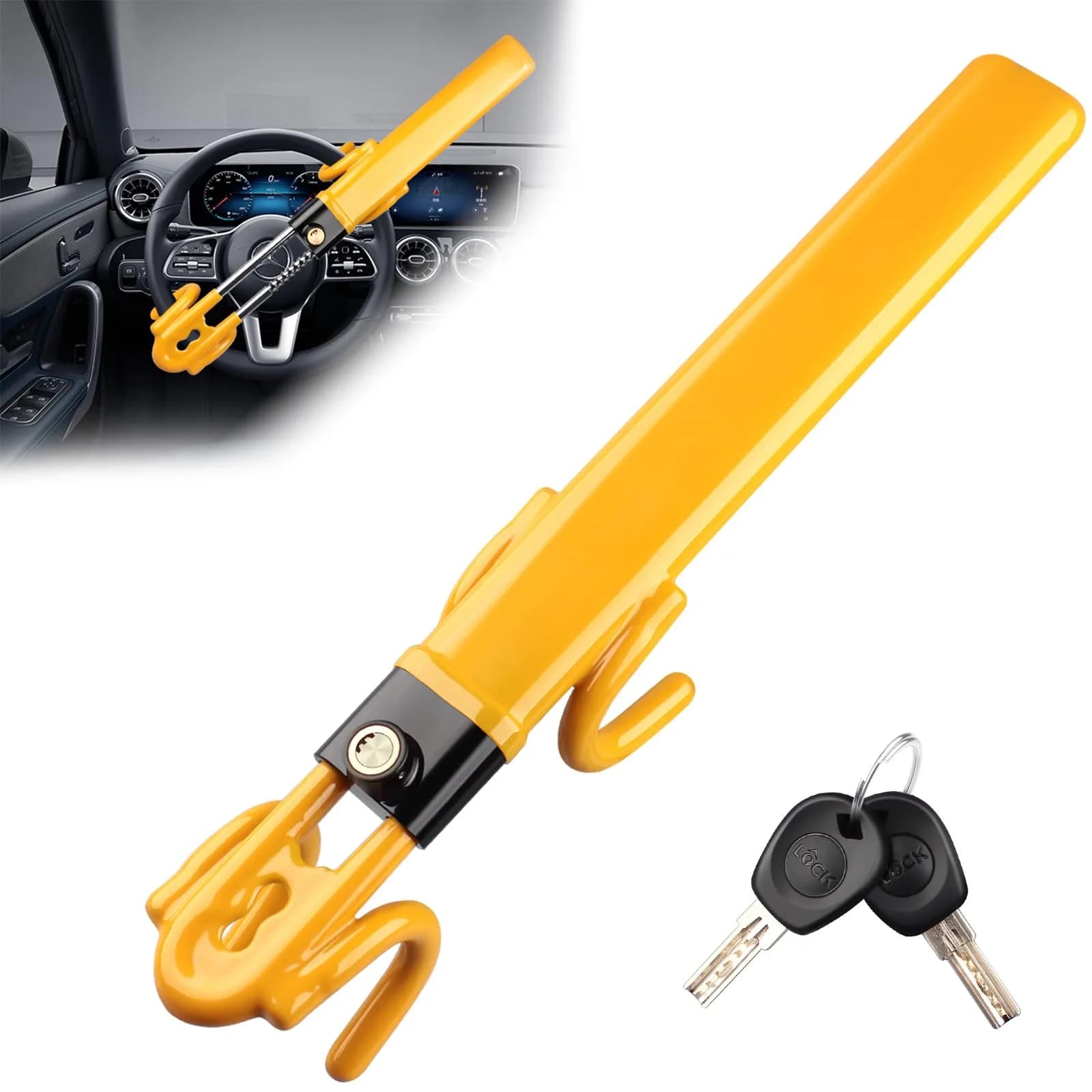 NOEAIKE Heavy Duty Steering Wheel Lock Anti-Theft Car Device with Dual Hooks & 2 Keys | Fits 12.7cm-33cm Wheels — Yellow