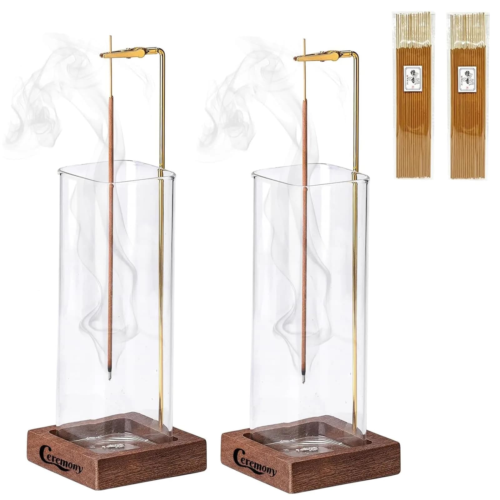 CEREMONY 2 Pack Wood Incense Holder with Glass Ash Catcher & Brass Rod | 17.2 cm (6.8 in) Tall