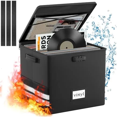 onvvippiv Large Vinyl Record Storage Box Fireproof Waterproof with Lock | 13" x 16.2" x 13" | Holds 150+ Records thumbnail 1