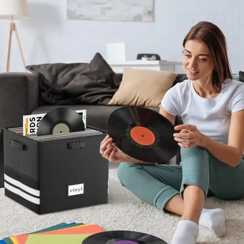 onvvippiv Large Vinyl Record Storage Box Fireproof Waterproof with Lock | 13" x 16.2" x 13" | Holds 150+ Records thumbnail 5