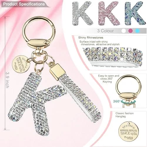 JINGUAZI Bling Initial Letter Keychain Bag Charms for Women (K-white) | Sparkling Diamond Accessory thumbnail 2