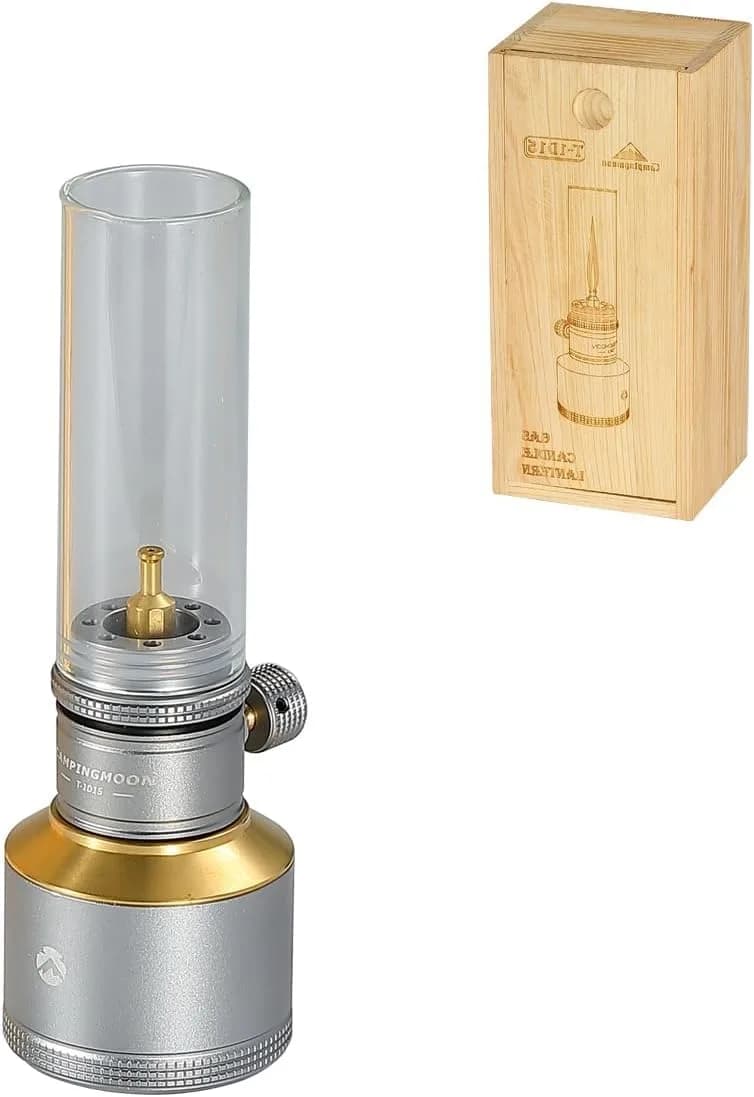 Campingmoon Gas Candle Lantern 15g | Real Flame, Refillable Tank, Wooden Case