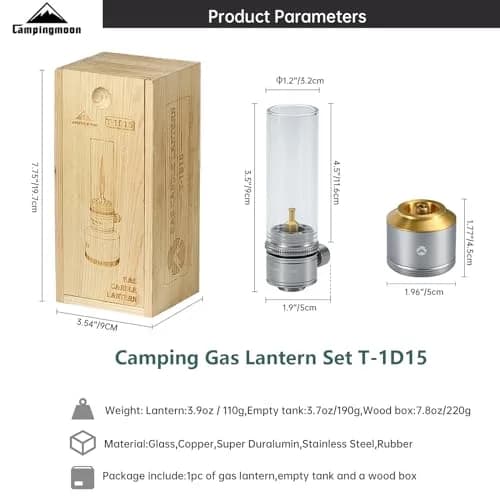 Campingmoon Gas Candle Lantern 15g | Real Flame, Refillable Tank, Wooden Case thumbnail 3