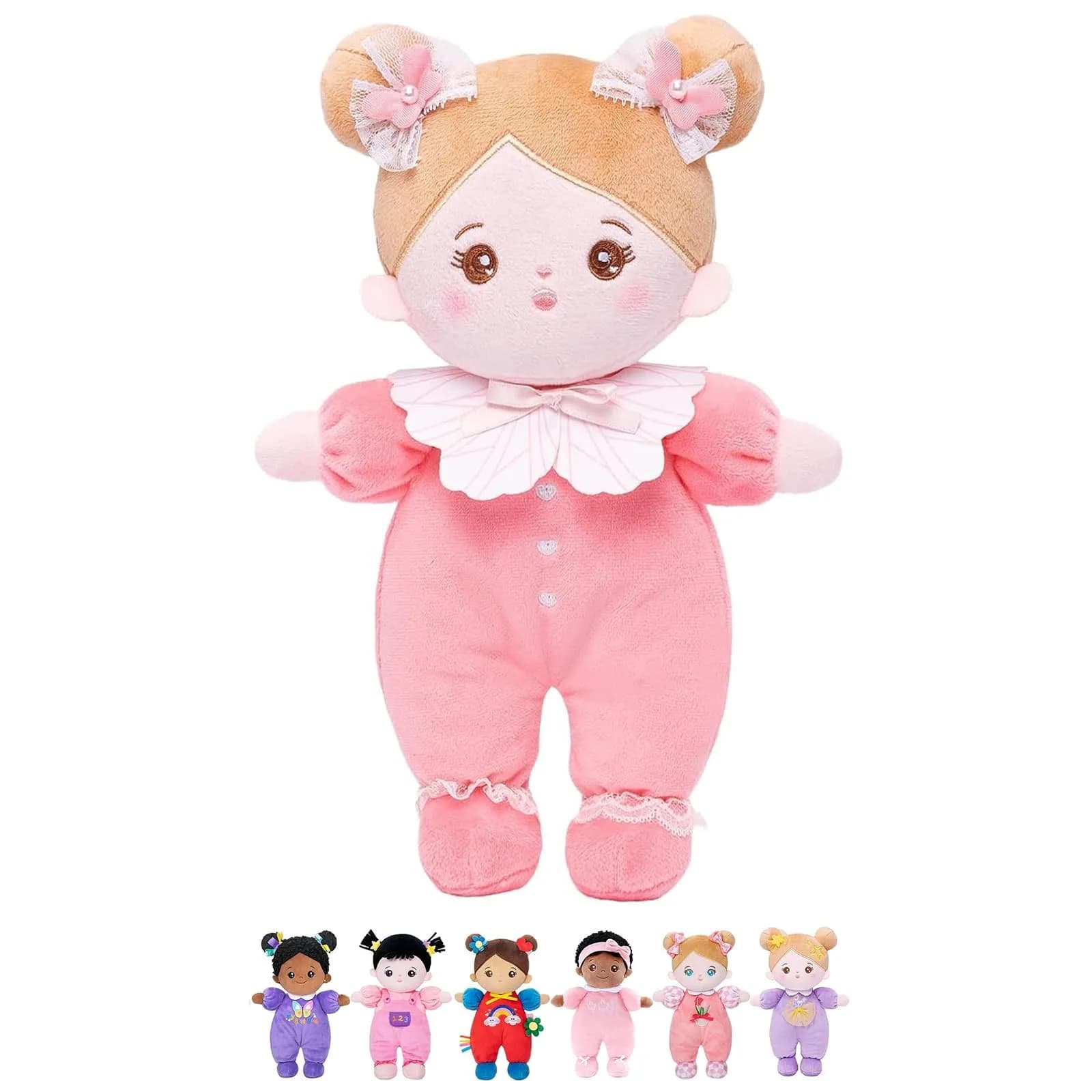 OUOZZZ Soft Plush Baby Doll 10" (25.4 cm) Snuggle Buddy Pink Bow | CPC Certified & CPSIA Tested