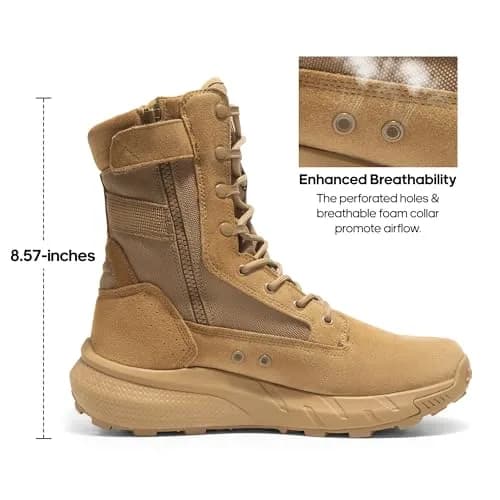 NORTIV 8 Men's Coyote Tactical Military Work Boots 8-inch Shaft | Breathable Leather & Side Zip thumbnail 5