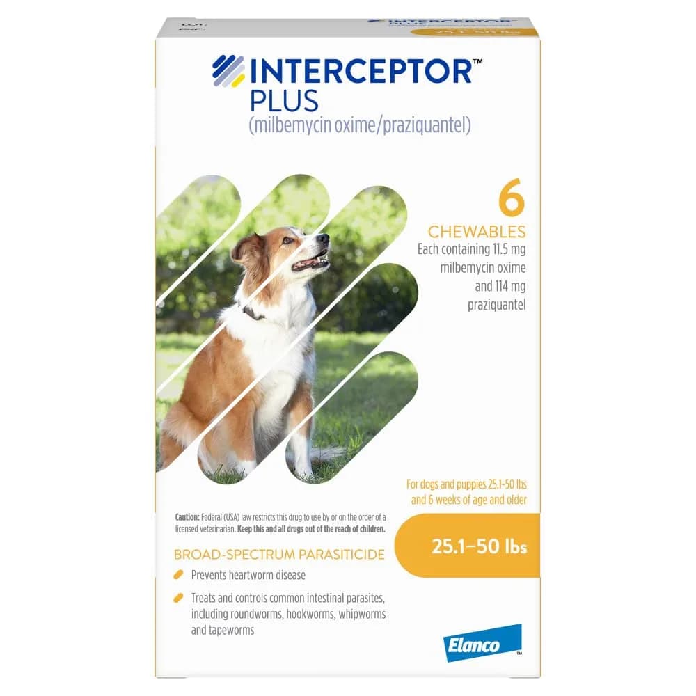 Interceptor Plus for Dogs 50.1-100 lbs. | Monthly Heartworm & Worm Protection — 6-Month Supply / 25.1-50 lbs