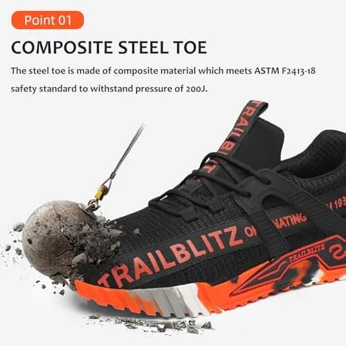 TRAILBLITZ Composite Steel Toe Work Shoes for Men - Lightweight, Breathable, Slip-Resistant (US Men 10, Orange) thumbnail 2
