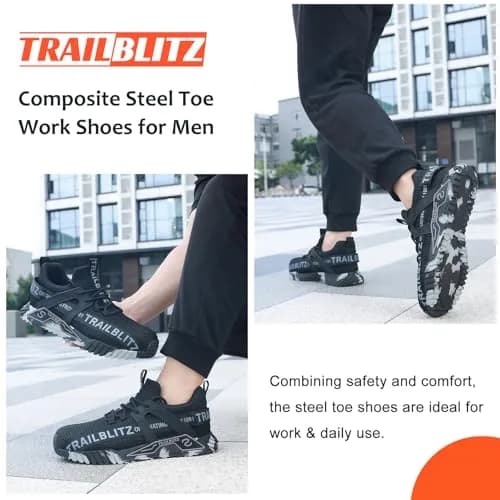 TRAILBLITZ Composite Steel Toe Shoes for Men Work Safety Sneakers 9 Black | Lightweight Breathable Industrial Footwear thumbnail 7