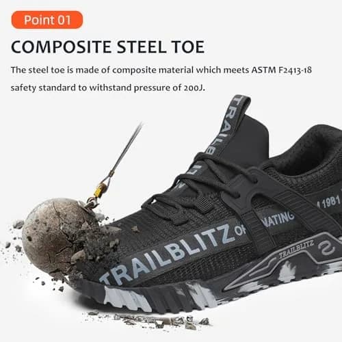 TRAILBLITZ Composite Steel Toe Shoes for Men Work Safety Sneakers 9 Black | Lightweight Breathable Industrial Footwear thumbnail 2