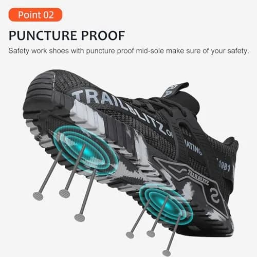 TRAILBLITZ Composite Steel Toe Shoes for Men Work Safety Sneakers 9 Black | Lightweight Breathable Industrial Footwear thumbnail 3