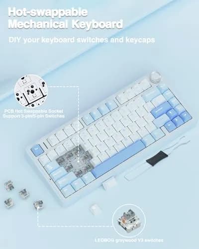 AULA F75 Wireless Mechanical Keyboard 75% RGB Backlit, Hot Swappable, Type-C & Bluetooth, Salt White Blue | Gaming & Office thumbnail 6
