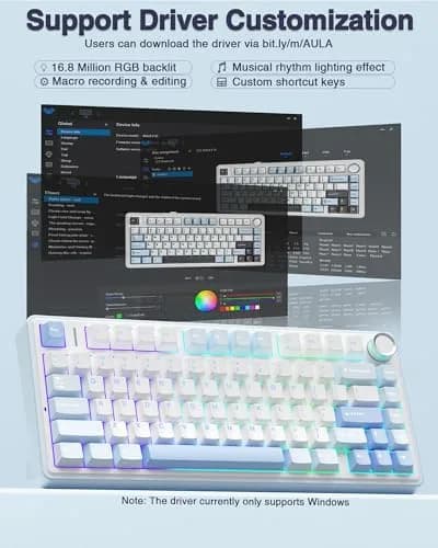AULA F75 Wireless Mechanical Keyboard 75% RGB Backlit, Hot Swappable, Type-C & Bluetooth, Salt White Blue | Gaming & Office thumbnail 7