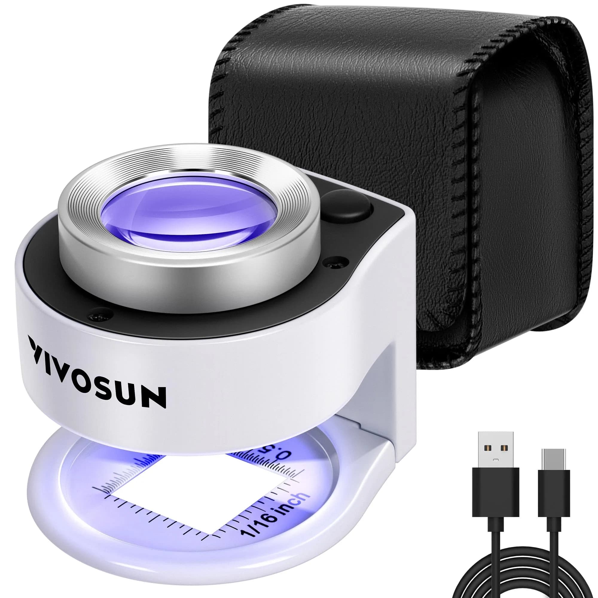 VIVOSUN 30X Rechargeable Magnifier with Dual LED & UV Light, White | Optical Glass Lens for Jewelry, Gems, Coins, Stamps, Rocks, Plants - main product image