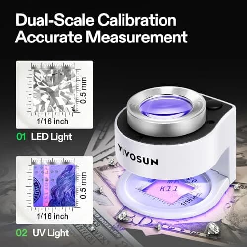 VIVOSUN 30X Rechargeable Magnifier with Dual LED & UV Light, White | Optical Glass Lens for Jewelry, Gems, Coins, Stamps, Rocks, Plants thumbnail 7