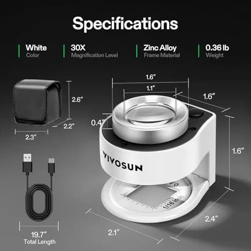 VIVOSUN 30X Rechargeable Magnifier with Dual LED & UV Light, White | Optical Glass Lens for Jewelry, Gems, Coins, Stamps, Rocks, Plants thumbnail 2