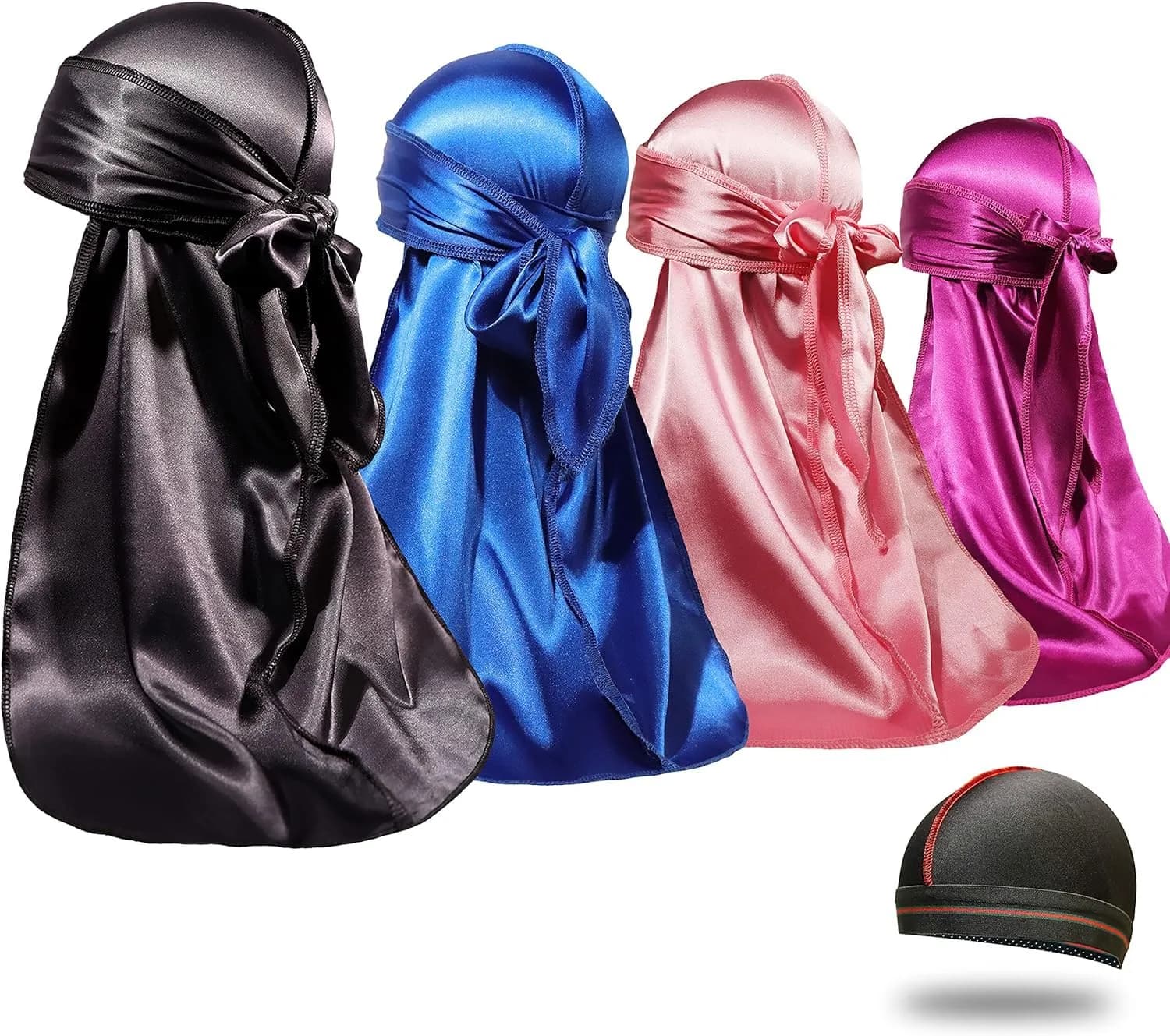 ForceWave Silky Durags and Wave Cap Set (5-Pack, Black Blue Pink Purple) | Moisture-Retaining Satin for 360 Waves - main product image
