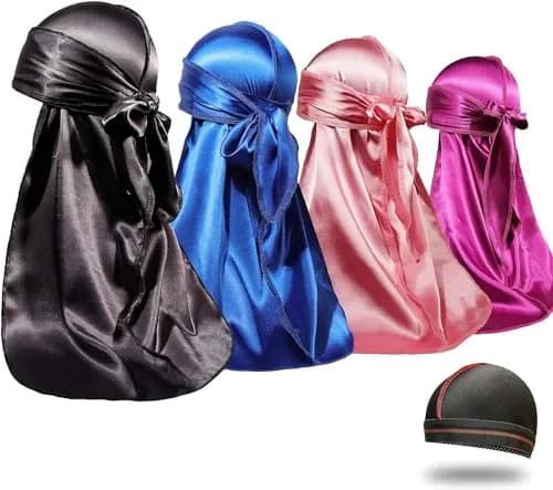 ForceWave Silky Durags and Wave Cap Set (5-Pack, Black Blue Pink Purple) | Moisture-Retaining Satin for 360 Waves thumbnail 1