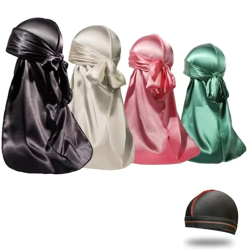 ForceWave Silky Durags and Wave Cap Set (5-Pack, Black Blue Pink Purple) | Moisture-Retaining Satin for 360 Waves — Black White Green Pink