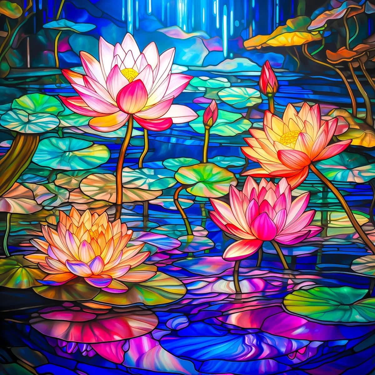 Bgraamiens Mosaic Art Flowers 1000 Piece Jigsaw Puzzle for Adults | 61cm x 61cm (24" x 24") — Stained Glass Waterlily