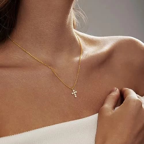 HERIER Gold Pearl Cross Necklace for Women 18K Gold Plated 41.9cm (16.5") | Faith & Fashion Jewelry thumbnail 4