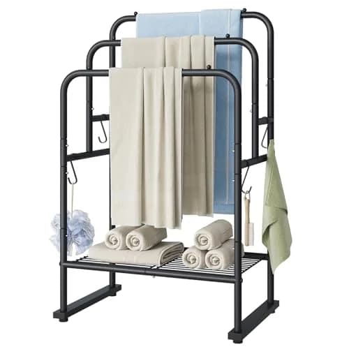 ELYKEN 3 Tier Freestanding Towel Rack with Shelf, 40" H, Black | Modern Bathroom & Poolside Organizer thumbnail 1