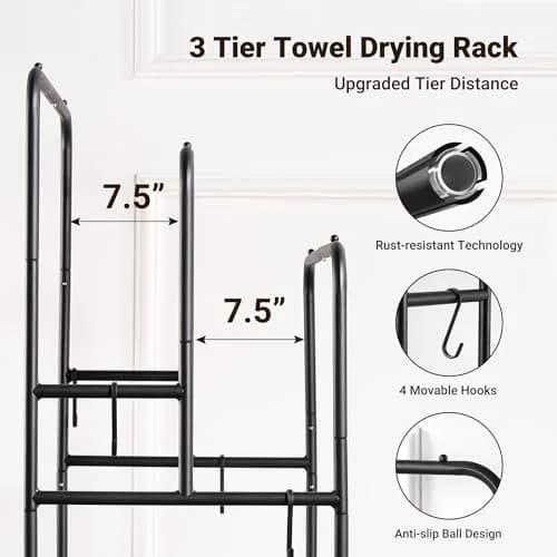 ELYKEN 3 Tier Freestanding Towel Rack with Shelf, 40" H, Black | Modern Bathroom & Poolside Organizer thumbnail 4