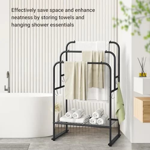 ELYKEN 3 Tier Freestanding Towel Rack with Shelf, 40" H, Black | Modern Bathroom & Poolside Organizer thumbnail 2
