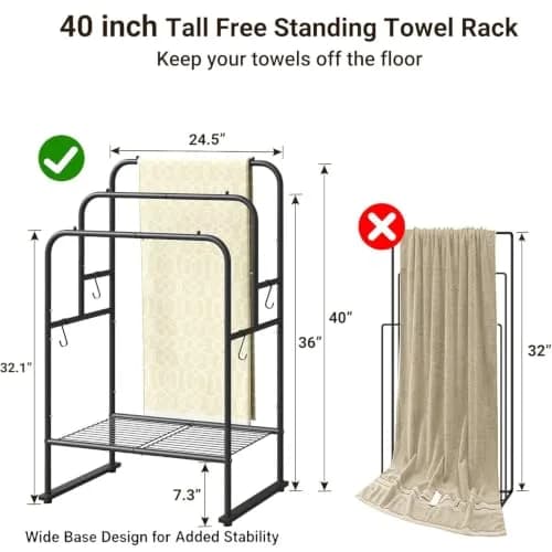 ELYKEN 3 Tier Freestanding Towel Rack with Shelf, 40" H, Black | Modern Bathroom & Poolside Organizer thumbnail 3