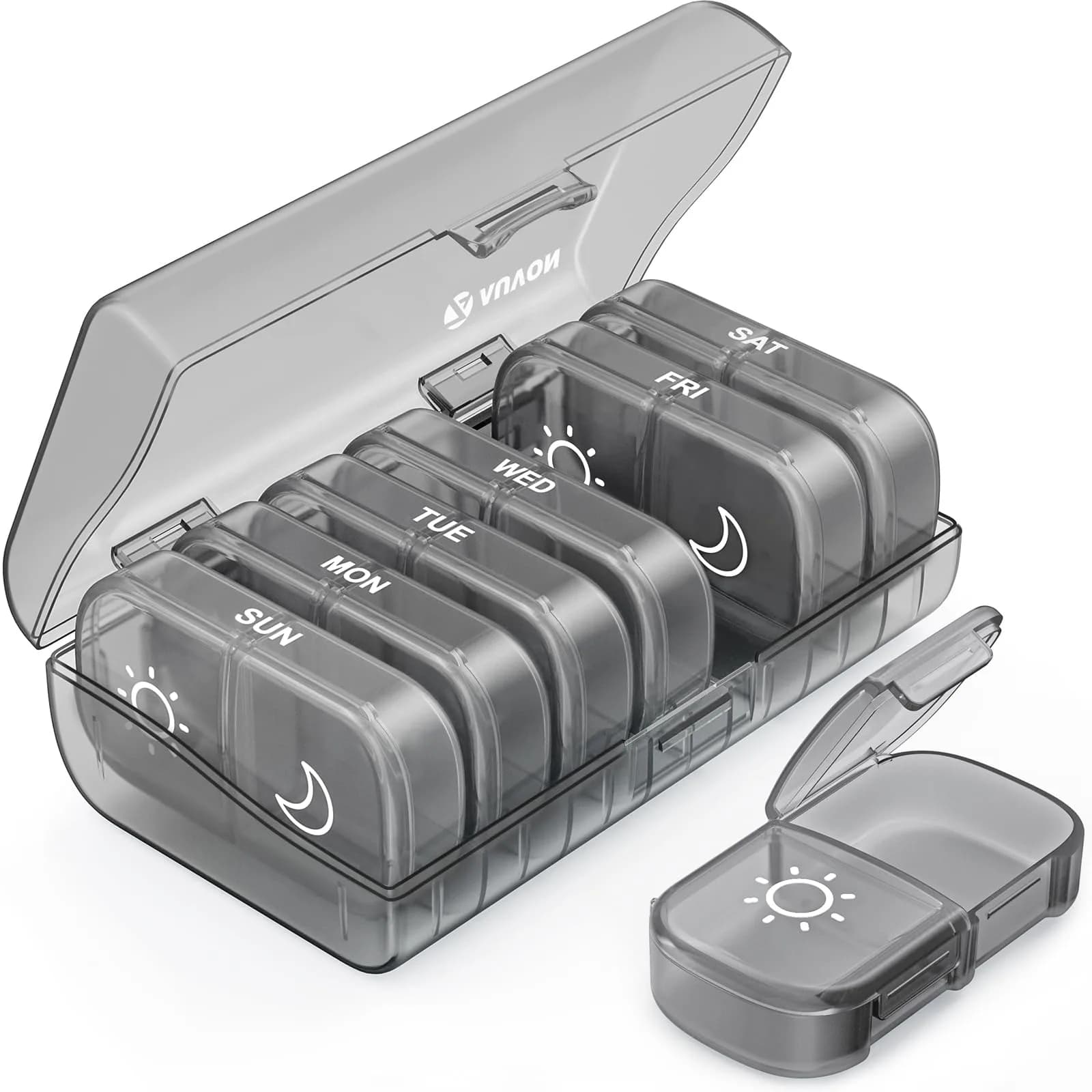 AUVON XL Weekly Pill Organizer 2 Times a Day, Gray AM PM Pill Case | 14 Compartments, BPA-Free, Travel-Ready