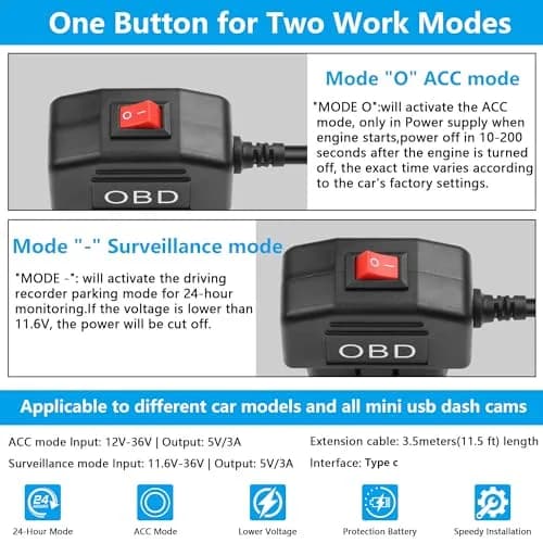 CERRXIAN OBD Power Cable for Dash Camera 3.5M | 24-Hour Surveillance with Low Voltage Protection thumbnail 2