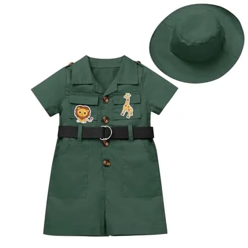 ODASDO Safari Outfit For Baby Girls Boys 1st Birthday Party Cake Smash Toddlers Zookeeper Suit Kids Jungle Forest Adventure Explorer Clothes Short Sleeve Jumpsuit Belt Bodysuit with Hat Green 12-18M thumbnail 1