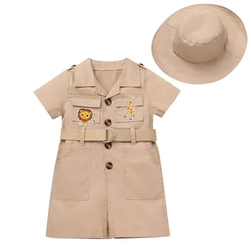 ODASDO Safari Outfit for Baby Girls Boys 1st Birthday Party Cake Smash Toddlers Zookeeper Suit Kids Jungle Forest Adventure Clothes Khaki Short Sleeve Jumpsuit Belt Bodysuit with Hat Khaki 2-3T thumbnail 1