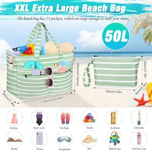 HUANLANG Extra Large Waterproof Beach Bag with Zipper Wet Pocket | 50L Capacity, Sandproof & Durable for Women Men thumbnail 4
