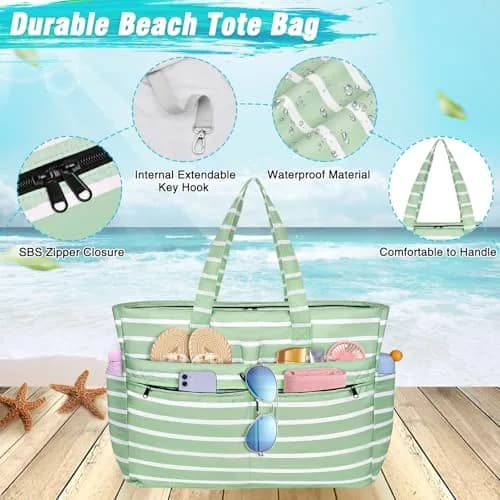 HUANLANG Extra Large Waterproof Beach Bag with Zipper Wet Pocket | 50L Capacity, Sandproof & Durable for Women Men thumbnail 3