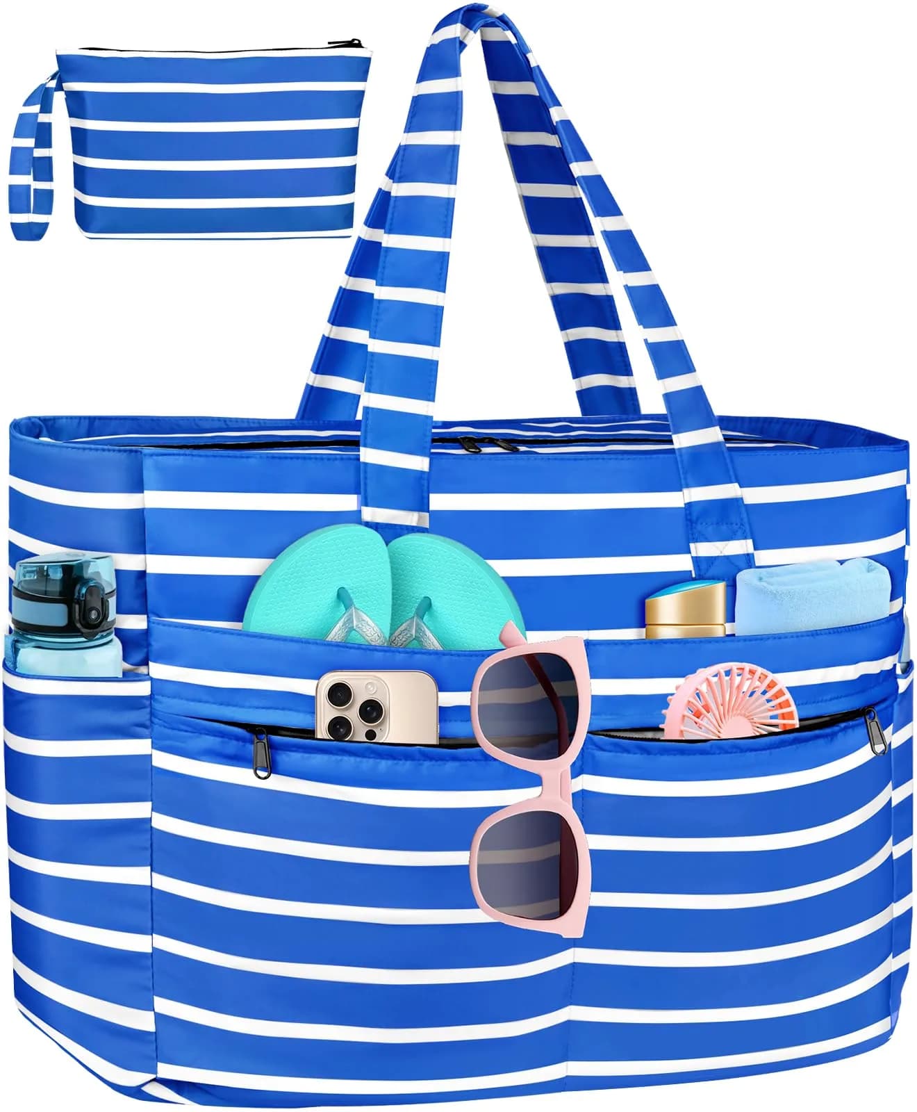 HUANLANG Extra Large Waterproof Beach Bag with Zipper Wet Pocket | 50L Capacity for Women & Men — Blue and White