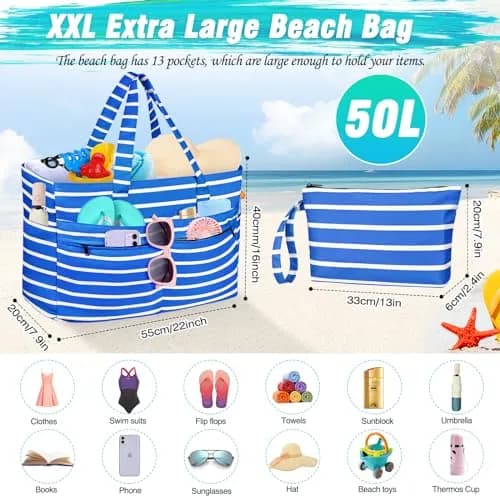 HUANLANG Extra Large Waterproof Beach Bag with Zipper Wet Pocket | 50L Capacity for Women & Men thumbnail 5