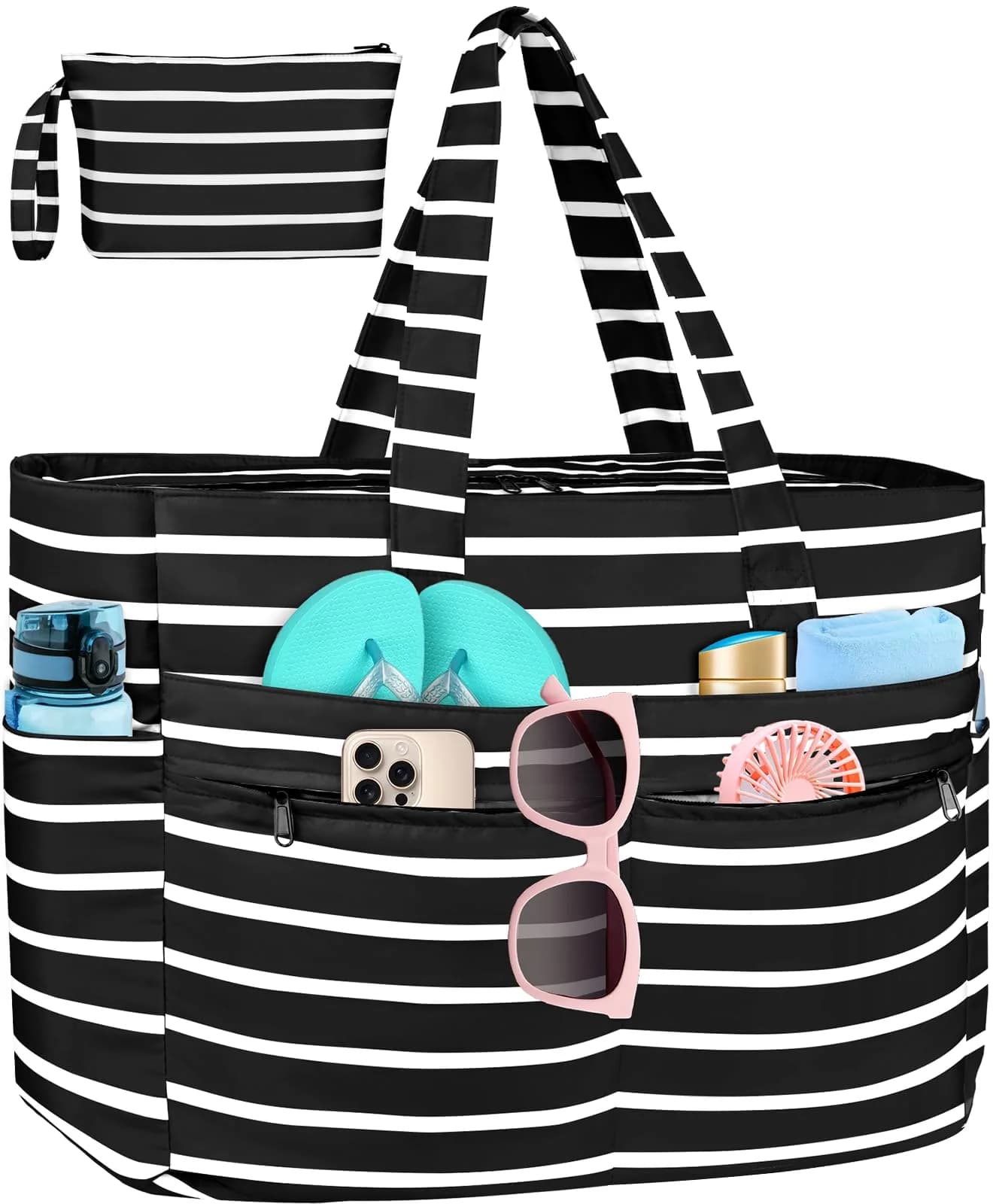 HUANLANG Extra Large Waterproof Beach Bag with Zipper Wet Pocket | 50L Capacity for Women & Men — Black and White