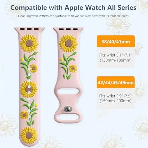Wepro Floral Silicone Band for Apple Watch 38mm 40mm 41mm 42mm 44mm 45mm 46mm 49mm Women | Embossed Sunflower Design thumbnail 9
