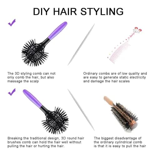 Aaiffey 3D Round Hair Brush for Women - Blow Drying Detangling 360 Degree Styling Brush for Thick Curly Hair - Circle Comb for Wet and Dry Hair (Purple) thumbnail 3